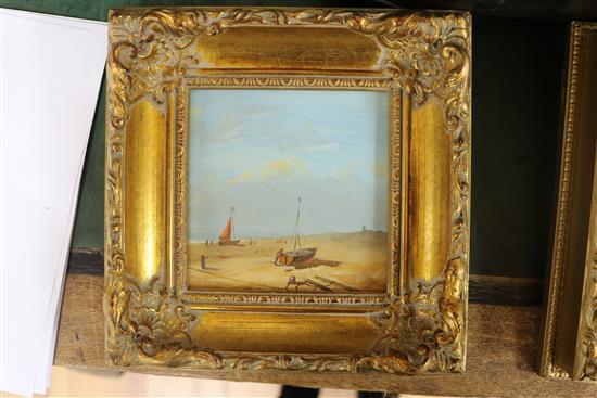 A set of 3 oils on board of beached fishing boats, largest 11 x 22cm